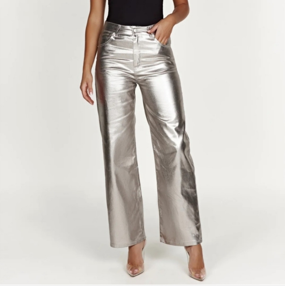 NWT Meshki Minnie Metallic Straight Jean Silver XL